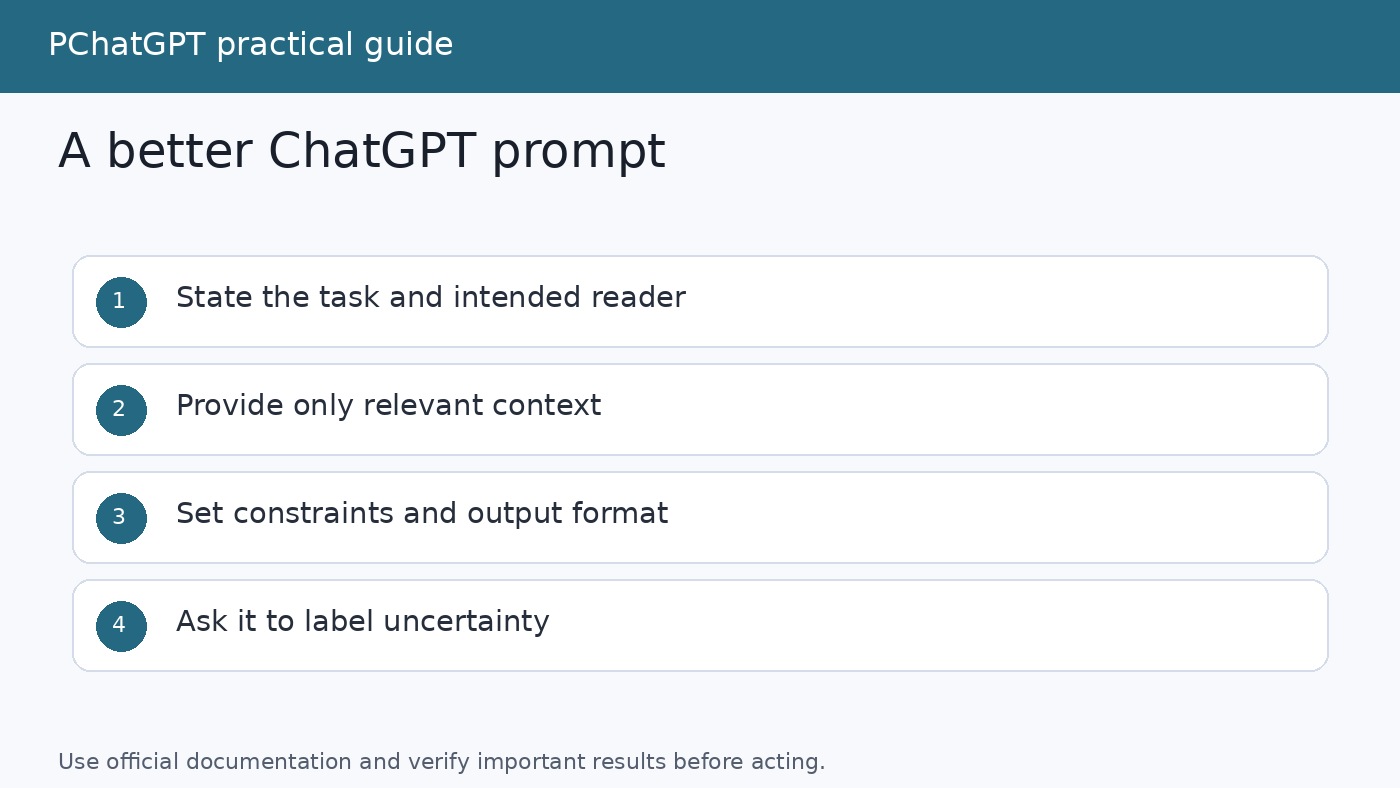 Six-part prompt checklist covering task, purpose, context, input, constraints, and output format