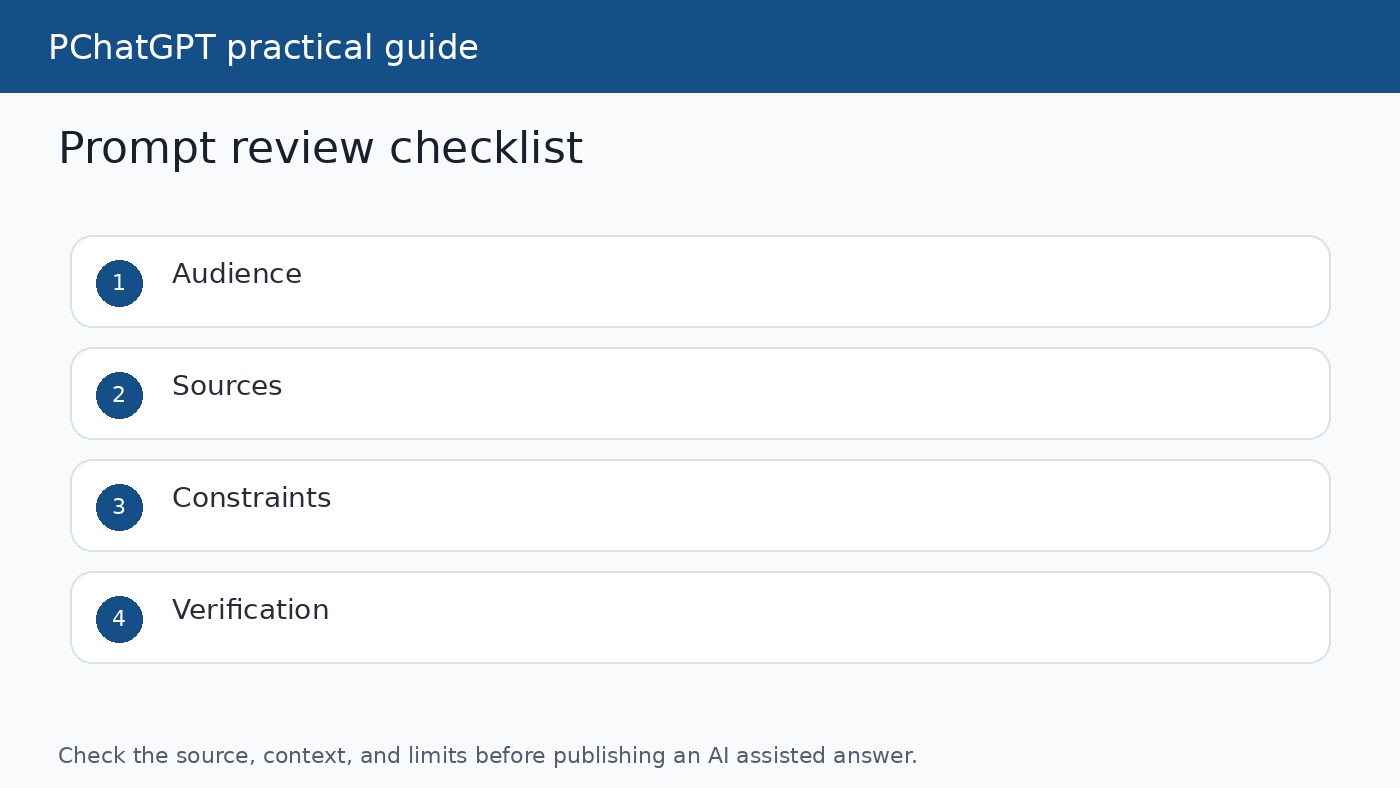 Checklist for reviewing ChatGPT content prompts for audience, sources, constraints, and verification
