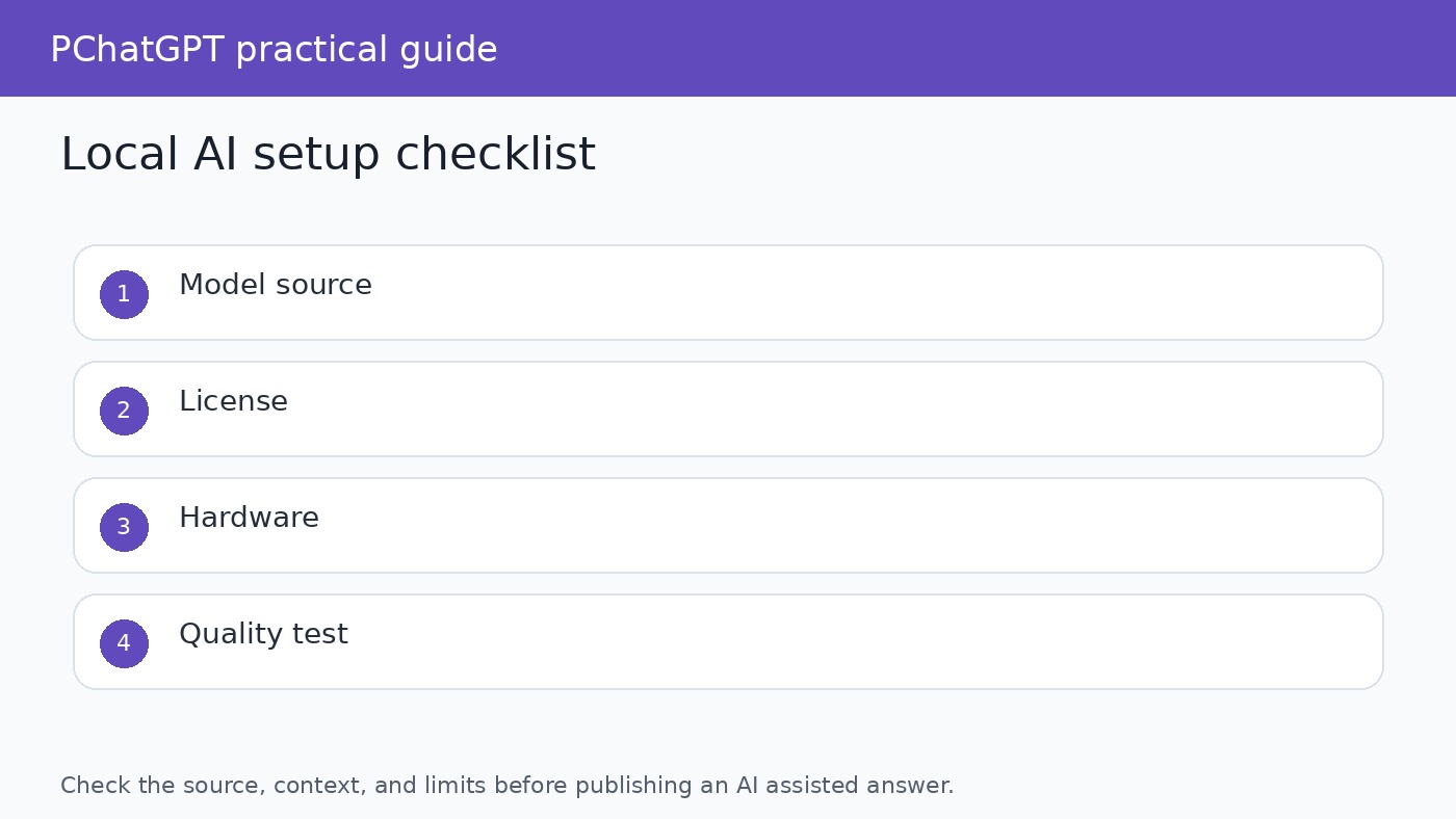 Checklist for testing a local LLM setup for model source, license, hardware, privacy, and output quality