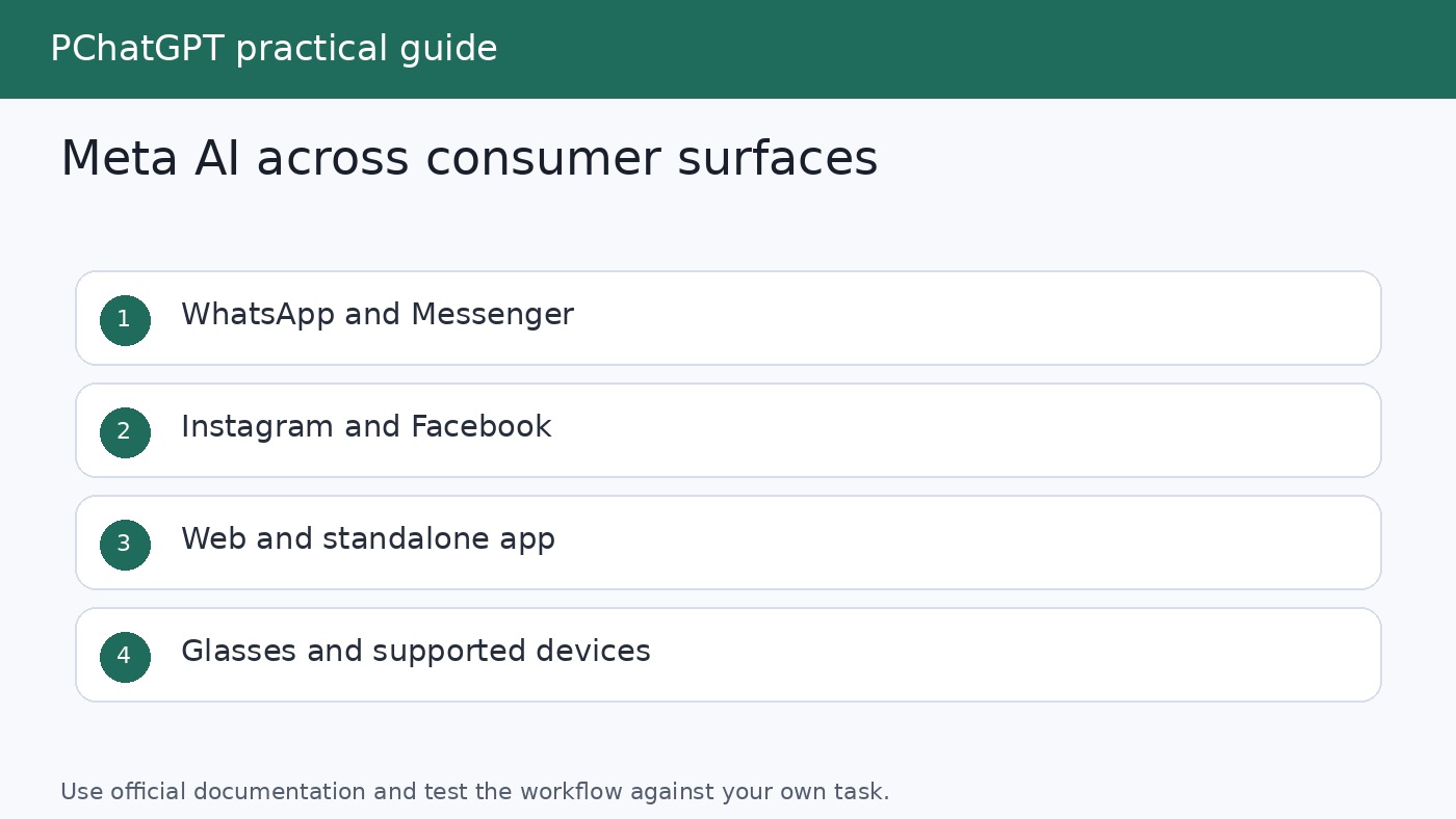 Meta AI across consumer apps and web Meta AI assistant shown across WhatsApp, Instagram, Facebook, Messenger, web, and the standalone app