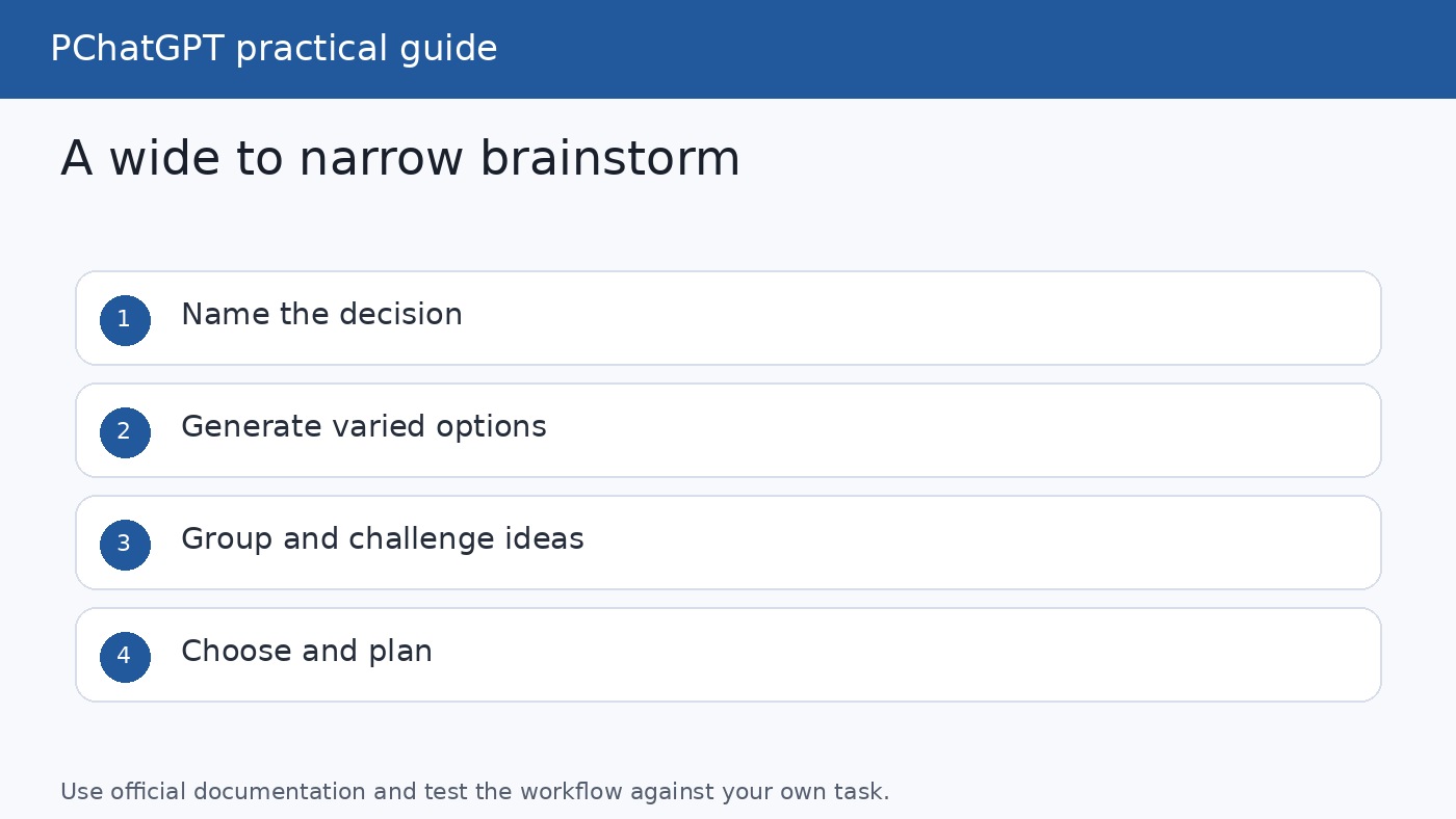 ChatGPT wide to narrow brainstorming workflow Wide to narrow ChatGPT brainstorming workflow from goal and constraints to ideas, themes, shortlist, and action plan