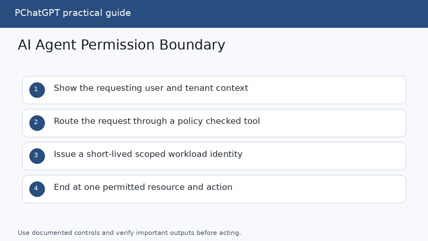 Layered AI agent permission path from user request to policy checked tool and scoped resource