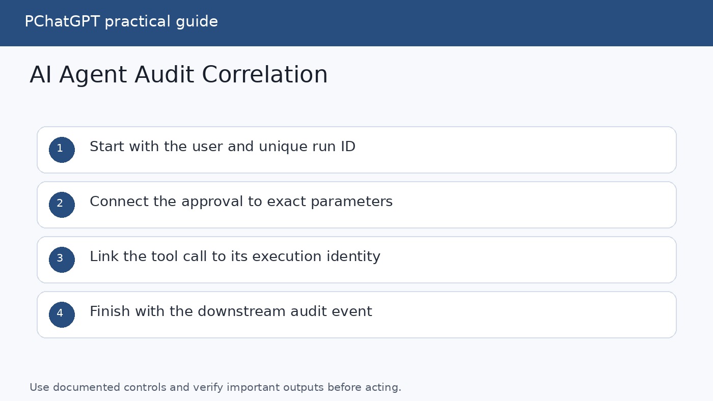 Correlated AI agent audit trail connecting user, run, approval, tool call, and cloud event