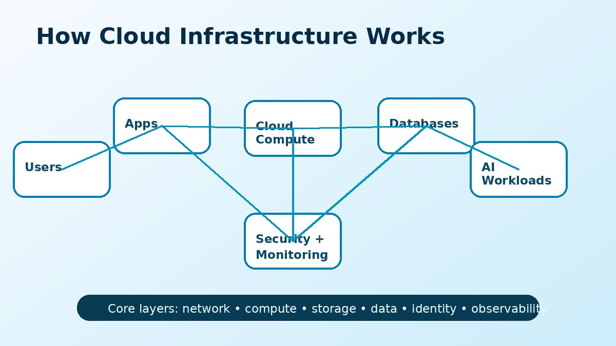 Diagram explaining how cloud infrastructure connects applications servers databases AI workloads and security