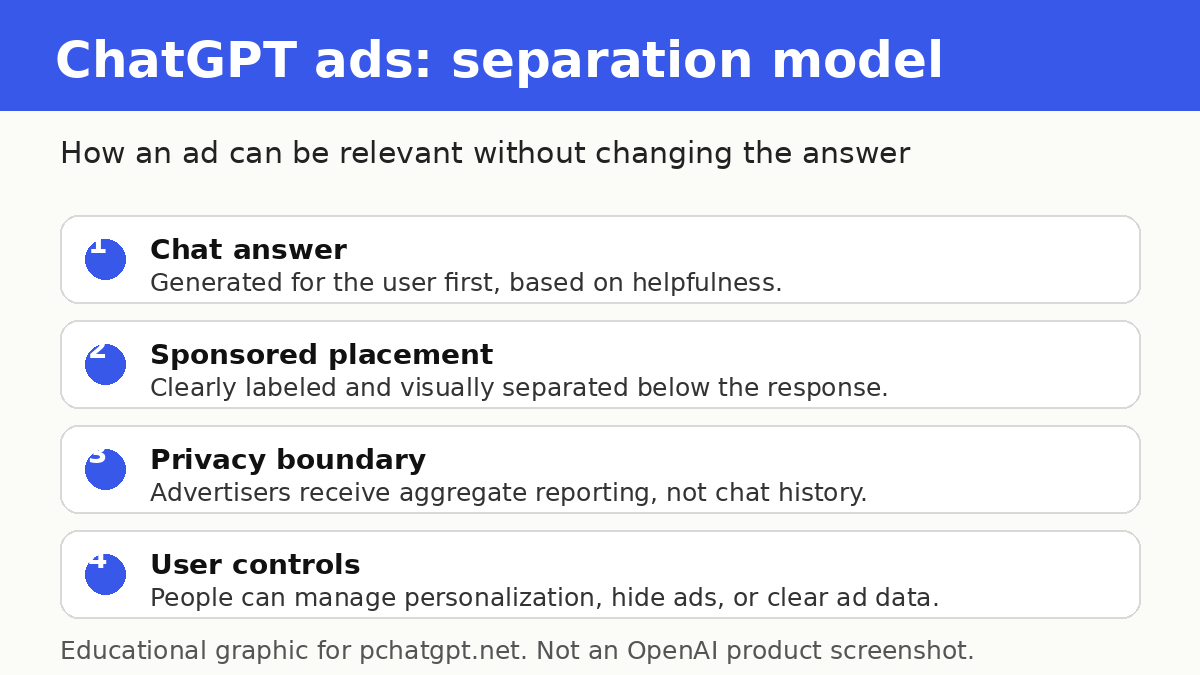 Diagram showing how ChatGPT ads stay separate from answers, using current chat context, ad relevance, controls, and aggregate reporting.