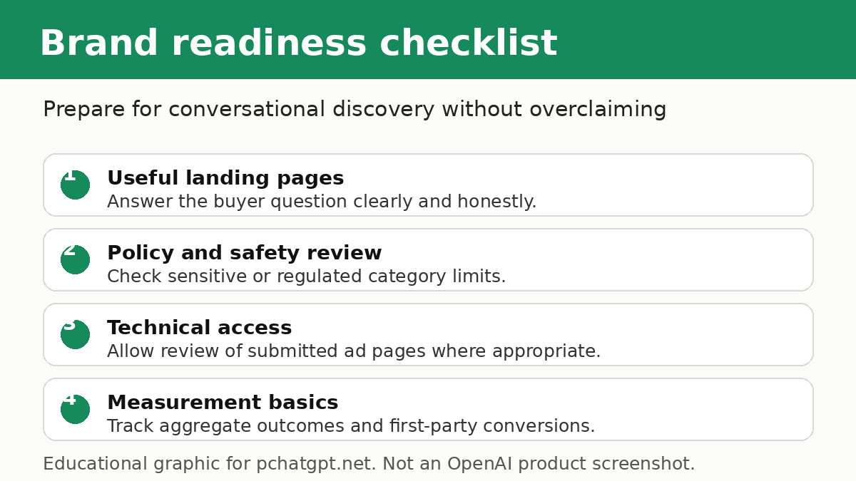 Checklist graphic for brands preparing ChatGPT advertising pages with helpful content, policy review, privacy expectations, and measurement basics.