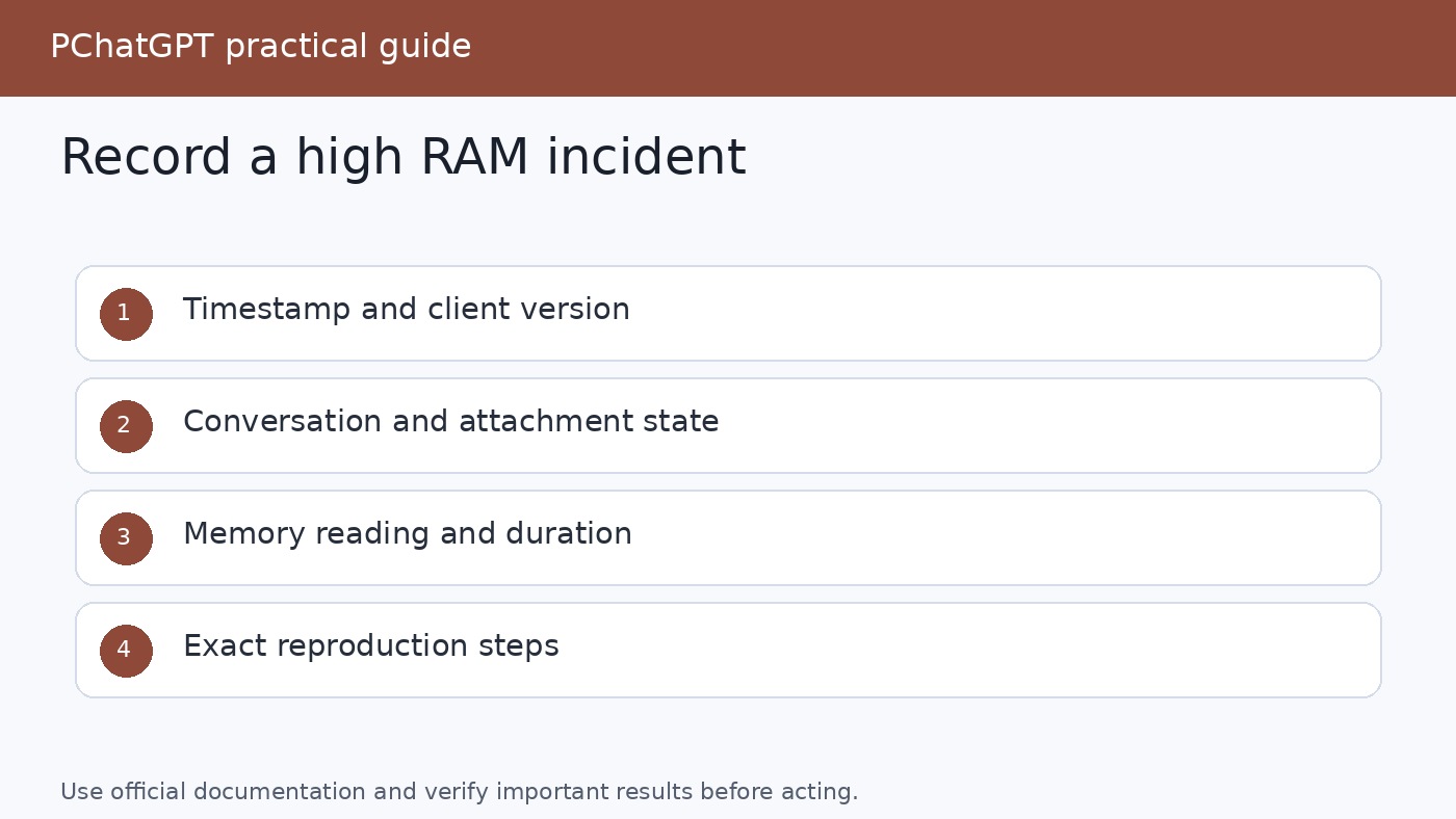 ChatGPT high RAM incident worksheet with timestamps, client version, conversation state, memory readings, and reproduction steps