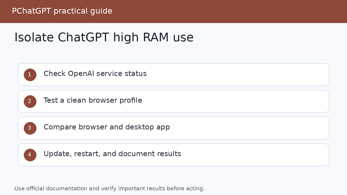 Decision tree for isolating ChatGPT high RAM use across service status, browser profile, desktop app, conversation, and attachments