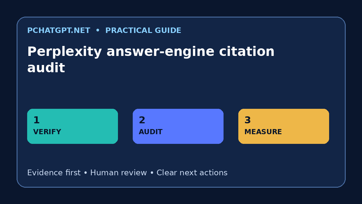 Perplexity answer-engine citation audit infographic with a three-step practical workflow