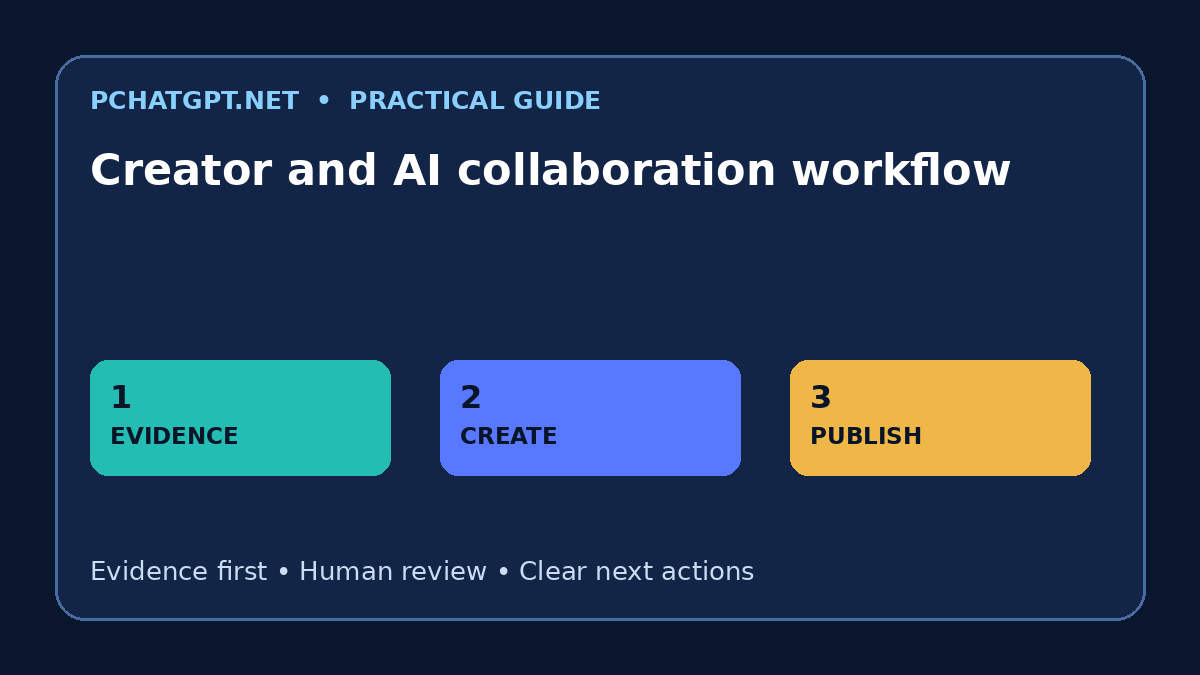 Creator and AI collaboration workflow infographic with a three-step practical workflow