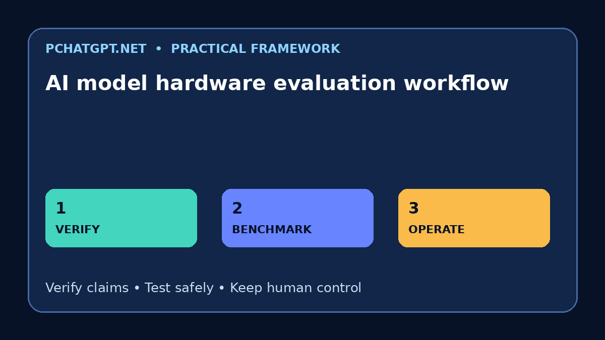 AI model hardware evaluation workflow infographic showing verify, benchmark, operate