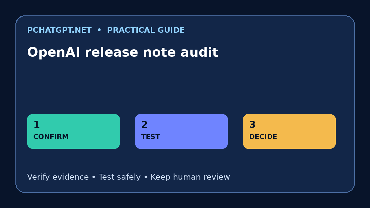 OpenAI release note audit infographic showing confirm, test, decide