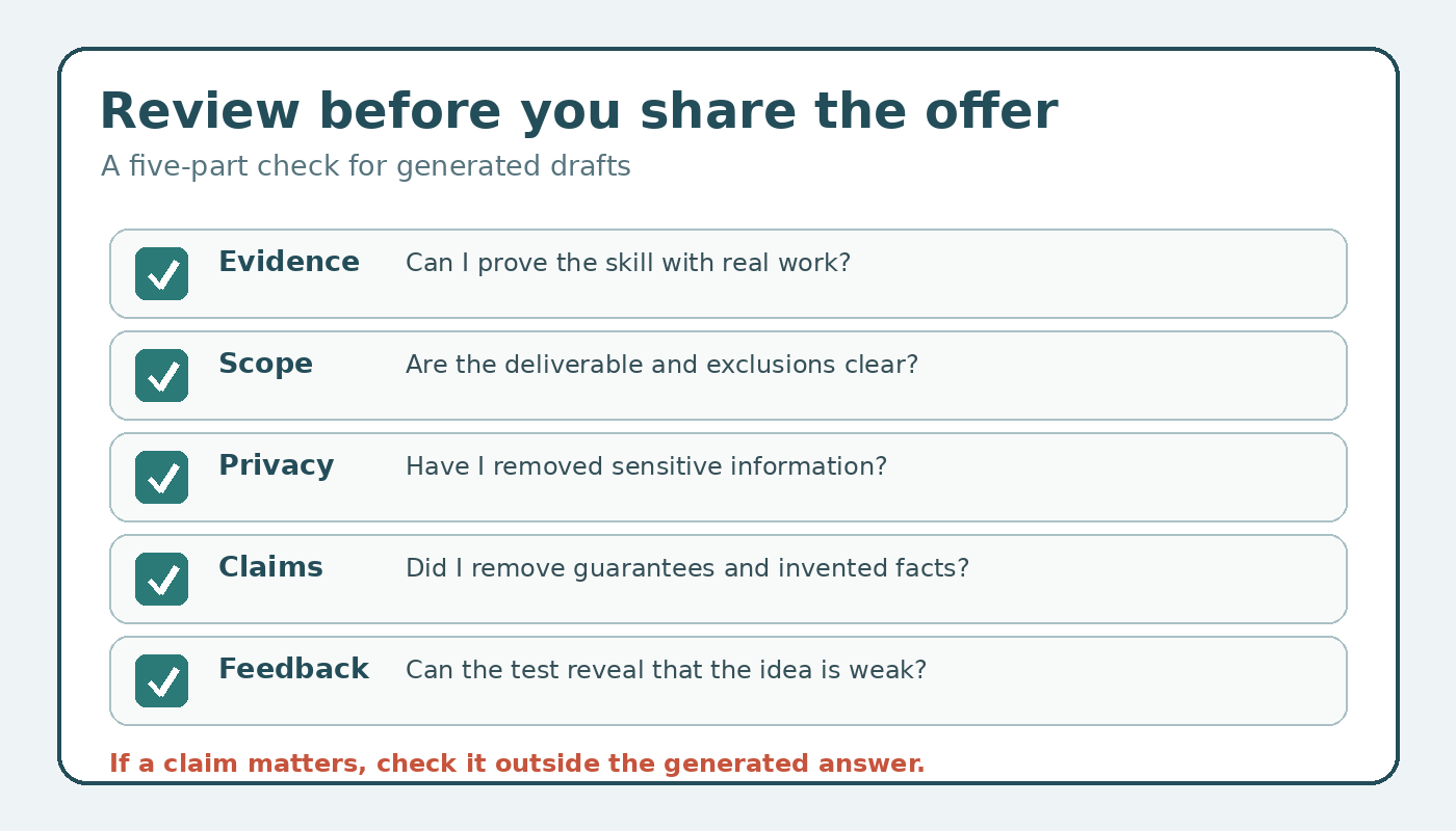 Checklist for reviewing a ChatGPT-generated skill offer before sharing it with a potential user