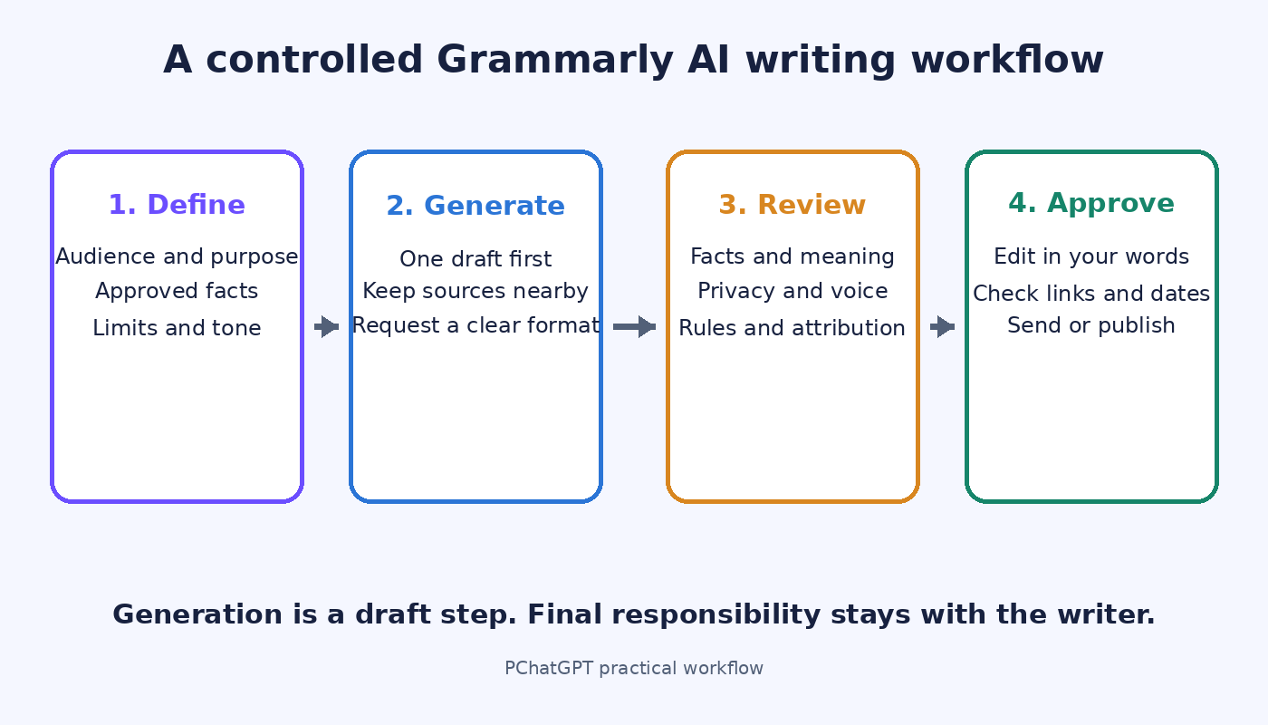 Grammarly AI writing workflow from task choice and context to generation, review, and final approval