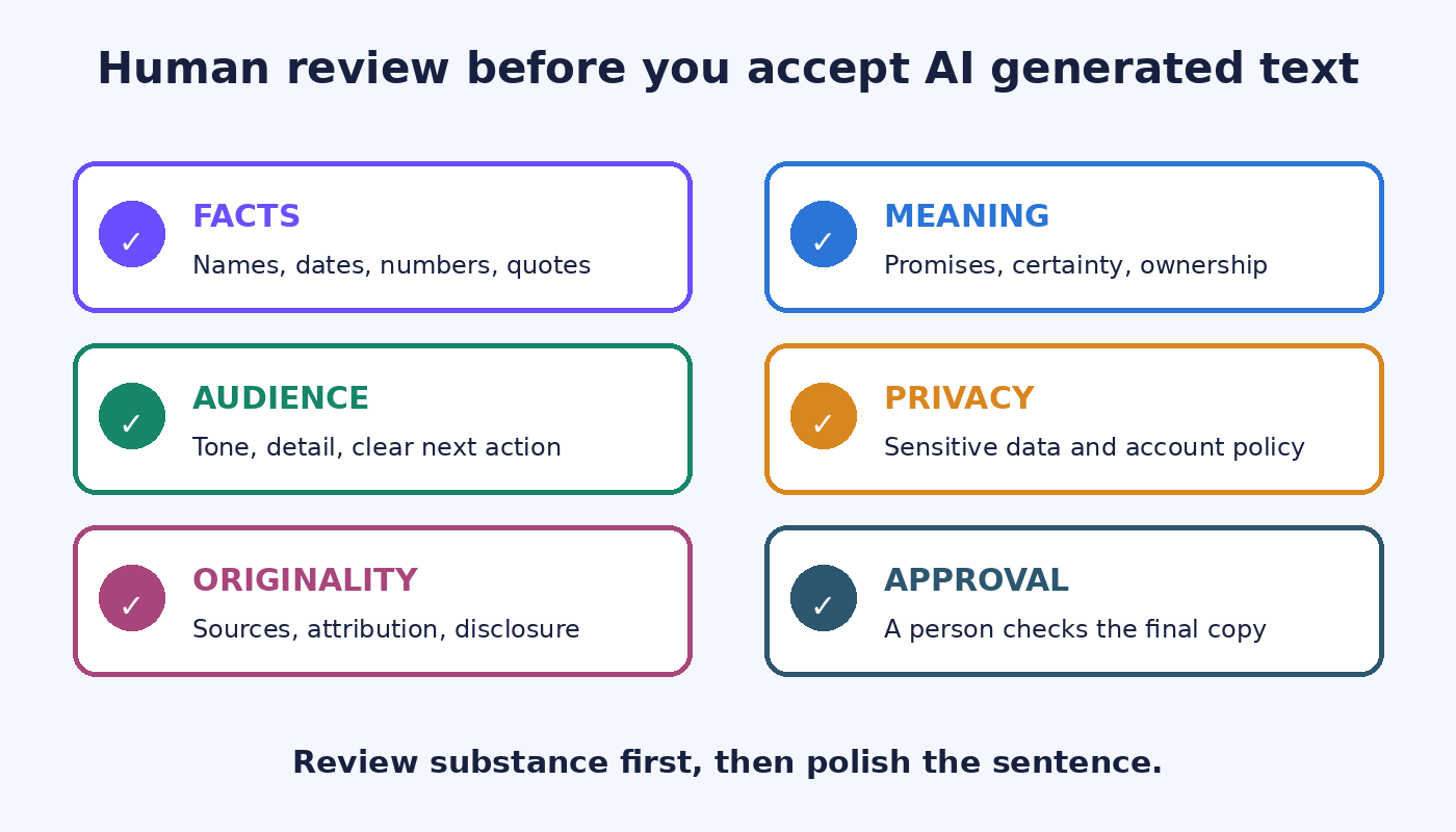 Human review checklist for facts, meaning, audience, privacy, originality, and final approval
