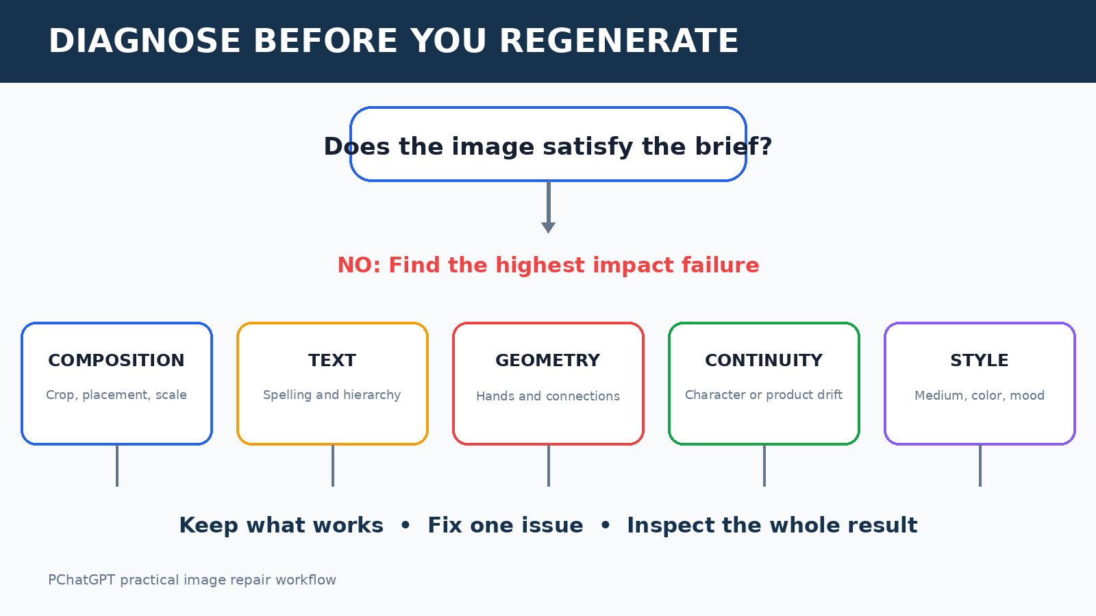 Decision tree for diagnosing a bad ChatGPT image by checking the brief, composition, text, geometry, and style