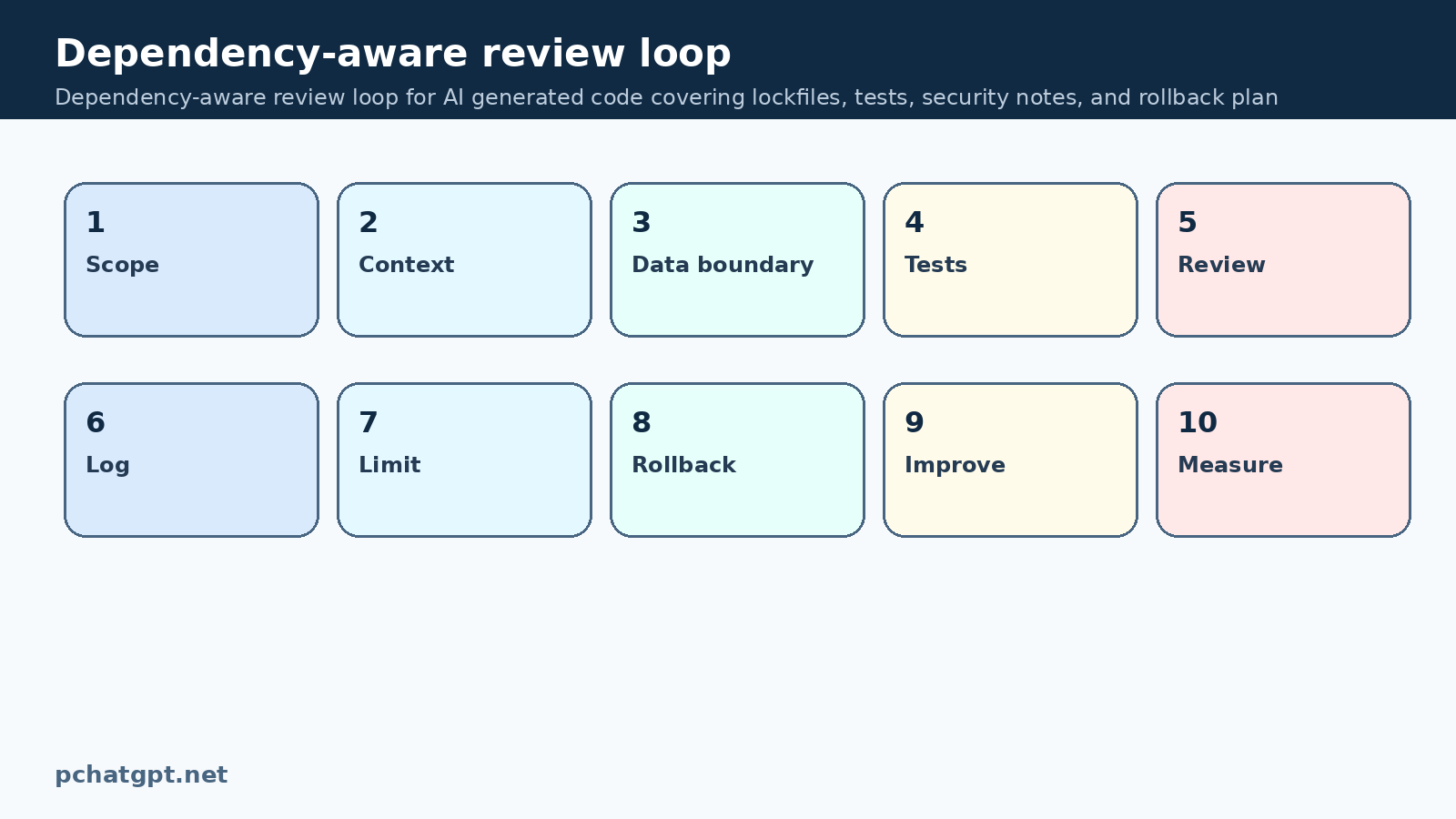 Dependency-aware review loop for AI generated code covering lockfiles, tests, security notes, and rollback plan